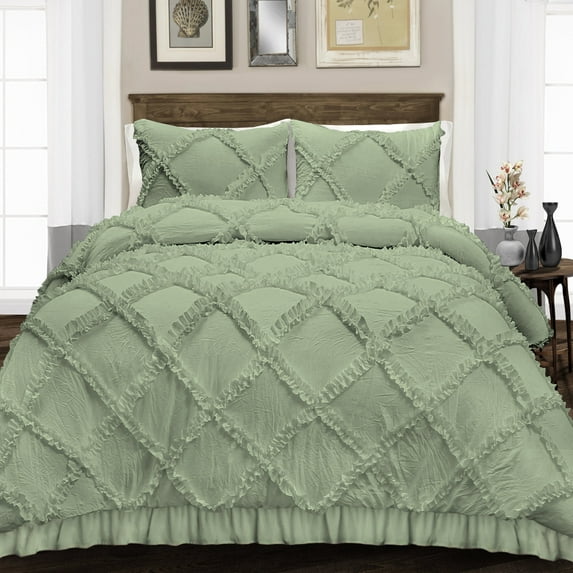 Full/Queen Size Egyptian Cotton 1000 Thread Count Duvet Cover Diamond Ruffle Ultra Soft & Breathable 3 Piece Luxury Soft Wrinkle Free Cooling Sheet (1 Duvet Cover with 2 Pillowcases, Moss)