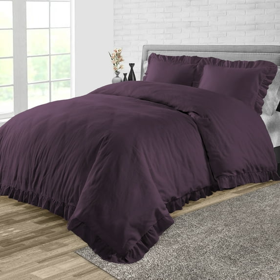 Full/Queen Size Egyptian Cotton 1000 Thread Count Duvet Cover Trimmed Ruffle Ultra Soft & Breathable 3 Piece Luxury Soft Wrinkle Free Cooling Sheet (1 Duvet Cover with 2 Pillowcases, Plum)