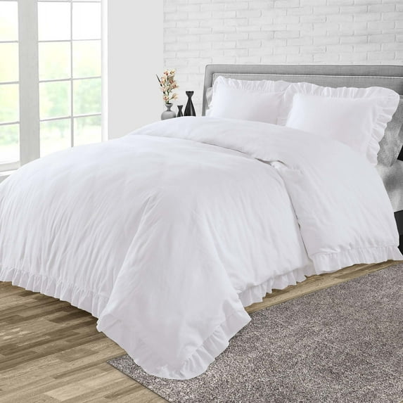 Full/Queen Size Egyptian Cotton 1000 Thread Count Duvet Cover Trimmed Ruffle Ultra Soft & Breathable 3 Piece Luxury Soft Wrinkle Free Cooling Sheet (1 Duvet Cover with 2 Pillowcases, White)