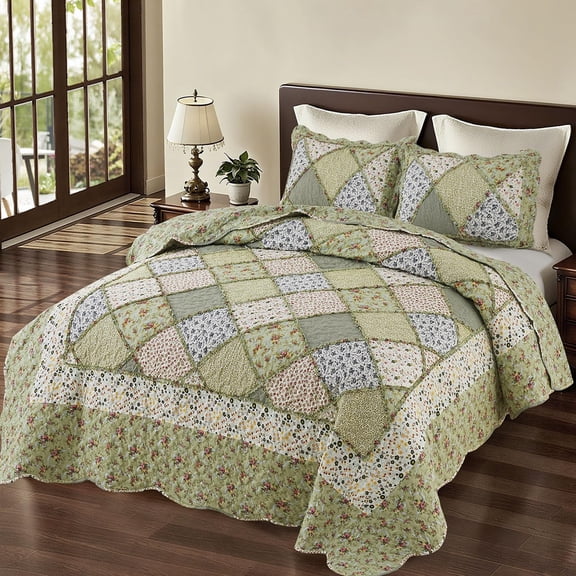 Full Queen Size Green Patchwork Quilt Set Reversible Quilted Bedspread Coverlet 3-piece Floral Lightweight Comforter Stitched Bedding Bed Sheet Cover Blanket With 2 Pillow Shams |