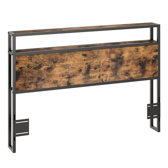 Full/Queen Size Headboard, Headboard with 2 Outlets, LED Lights and USB Ports, Adjustable Height, Storage Rack, Sturdy and Stable, Easy Assembly, Rustic Brown and Black