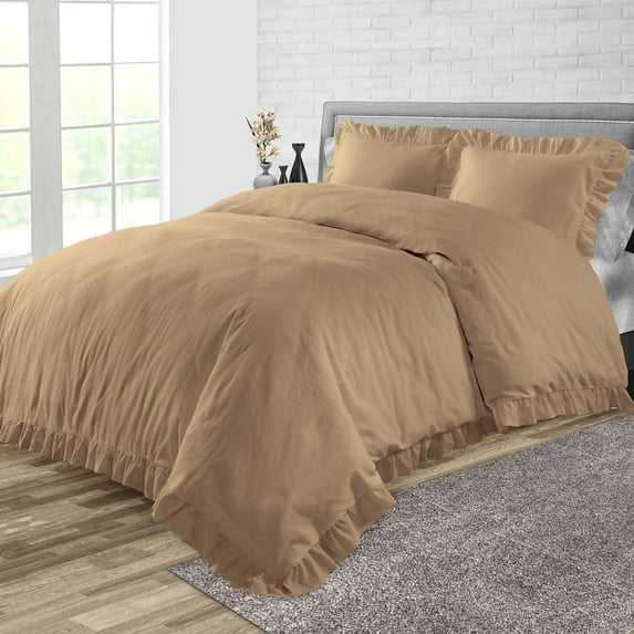 Full/Queen Size Microfiber Duvet Cover Trimmed Ruffle Ultra Soft & Breathable 3 Piece Luxury Soft Wrinkle Free Cooling Sheet (1 Duvet Cover with 2 Pillowcases, Taupe)