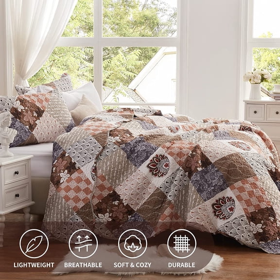 Full/Queen Size Quilt Set 3 Pieces Lightweight Reversible Bedspread-90''x98'' Soft Patchwork Floral Coverlet Luxurious Warm Microfiber Bed Cover All Seasons Brown Bedding Set(1 Quilt,2 Pillow Shams)
