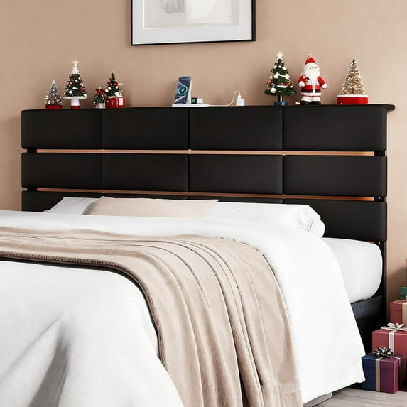 Full/Queen Size Upholstered Velvet Headboard, Adjustable Head Boards with LED Light & Charging Station, Bed Headboard Only, Attach Frame, Study & Comfortable, Ideal for Bedroom, Dorm, Black