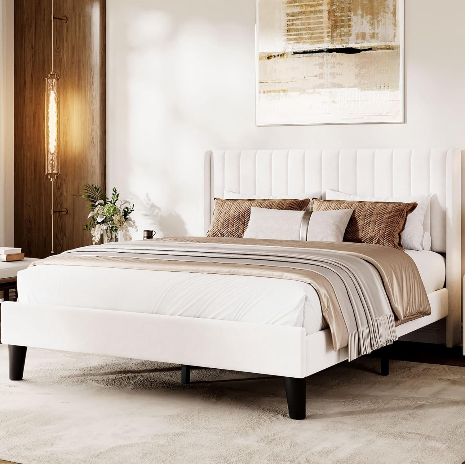 Full/Queen Size Velvet Bed Frame with Upholstered Headboard, Velvet Platform Bed Frame Wingback with Wood Slats, No Box Spring Needed, Easy Assembly, White