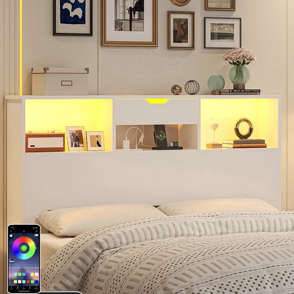 Wood Headboard for Full and Queen Bed, LED Headboard with Changing Station and Storage Cabinet for Bedroom, White (Not Include Bed)