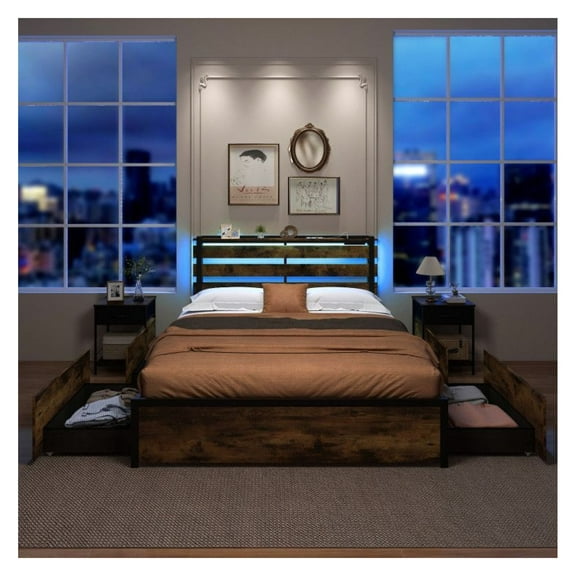Full Queen Twin Bed Frame with Drawers, LED Lights & USB Ports - Rustic Brown Metal Platform Bed with Storage, RGB Lighting, Charging Station - Bedroom Furniture