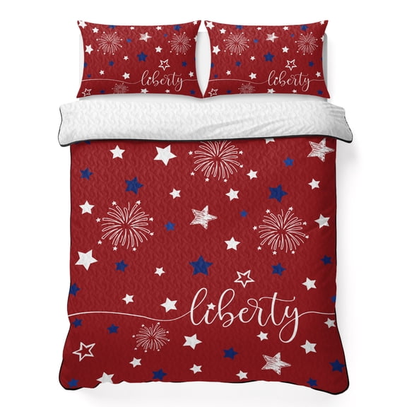 Full Quilt Bedding Set 4th of July White Blue Star on Red Breathable Summer Cooling Blanket for Hot Sleepers, Patriotic Liberty Concept Soft Bedding Set with 2 Pillow Shams for All Season