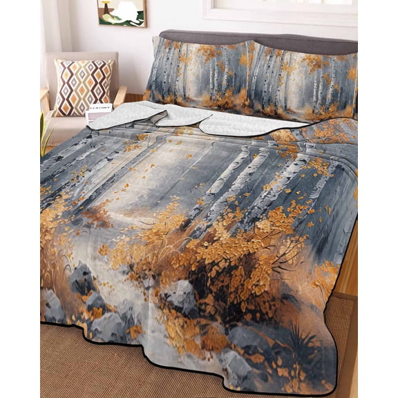 Full Quilt Bedding Set Abstract Autumn Forest Natural Scene Summer Quilt Lightweight Quilted Coverlet with 2 Pillow Shams, Oil Painting Art Tree Plant 3-Piece Bedspread Quilt Set for All Season