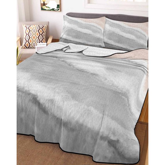 Full Quilt Bedding Set, Abstract Beach Gradient Sea Wave Lightweight Coverlet Summer Comforter Set Soft Microfiber Bedspread, Watercolor Gray Ombre 3 Piece Quilt Set with 2 Pillow Shams