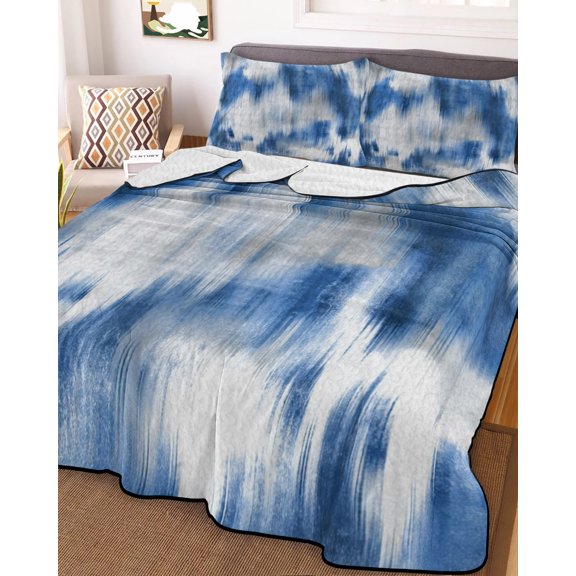 Full Quilt Bedding Set, Abstract Blue Gradient Art Lightweight Coverlet Summer Comforter Set Soft Microfiber Bedspread, Modern Ombre Painting Style 3 Piece Quilt Set with 2 Pillow Shams