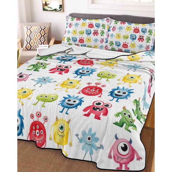 Full Quilt Bedding Set Abstract Cartoon Monsters Summer Quilt Lightweight Quilted Coverlet with 2 Pillow Shams, Seamless Colorful Cute Alien 3-Piece Bedspread Quilt Set for All Season