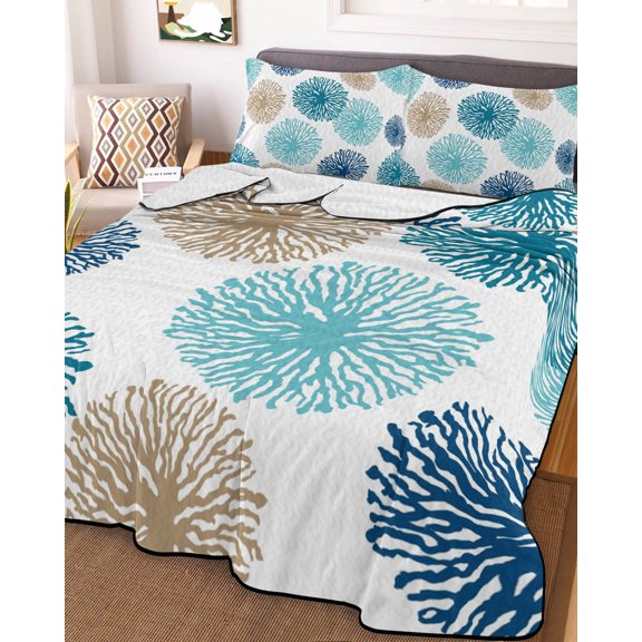 Full Quilt Bedding Set, Abstract Dandelion Spring Floral Lightweight Coverlet Summer Comforter Set Soft Microfiber Bedspread, Blue Beige Wild Flower 3 Piece Quilt Set with 2 Pillow Shams