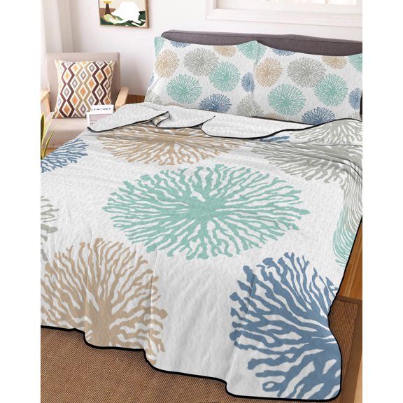 Full Quilt Bedding Set, Abstract Dandelion Spring Floral Lightweight Coverlet Summer Comforter Set Soft Microfiber Bedspread, Watercolor Wild Flower 3 Piece Quilt Set with 2 Pillow Shams