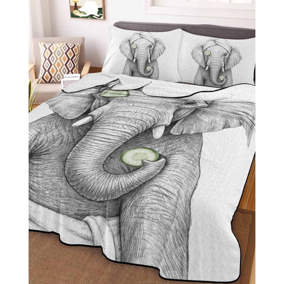 Full Quilt Bedding Set, Abstract Elephant Cucumber SPA Lightweight Coverlet Summer Comforter Set Soft Microfiber Bedspread, Funny Animal Shower Art 3 Piece Quilt Set with 2 Pillow Shams