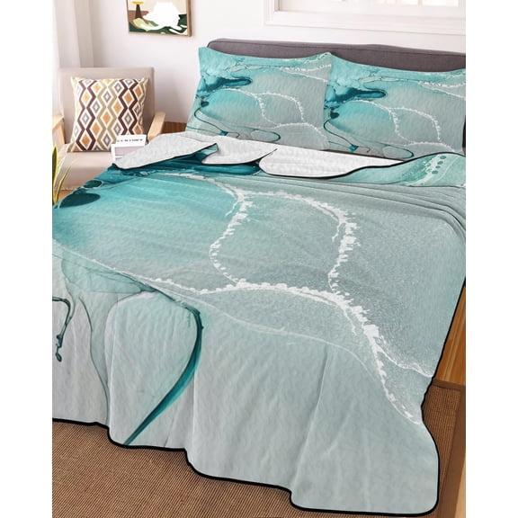 Full Quilt Bedding Set, Abstract Flowing Marble Texture Lightweight Coverlet Summer Comforter Set Soft Microfiber Bedspread, Turquoise Fluid Art 3 Piece Quilt Set with 2 Pillow Shams All Seasons Use