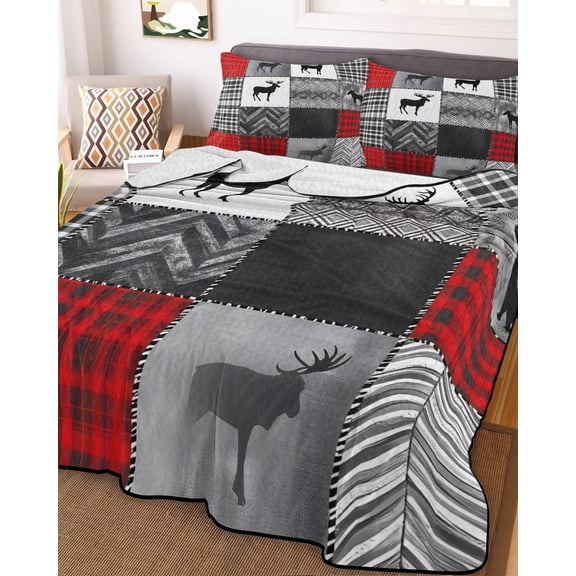 Full Quilt Bedding Set, Abstract Geometric Buffalo Plaid Lightweight Coverlet Summer Comforter Set Soft Microfiber Bedspread, Forest Deer Animal Silhouette 3 Piece Quilt Set with 2 Pillow Shams