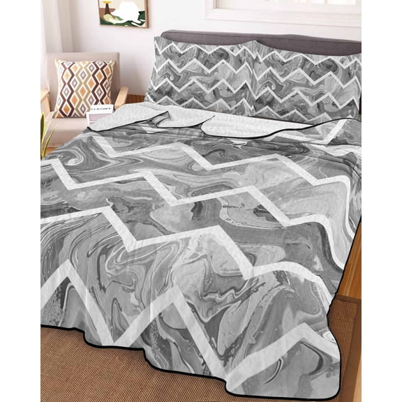 Full Quilt Bedding Set Abstract Geometric Grey Stripe Zigzag Chevron Summer Quilt Lightweight Quilted Coverlet with 2 Pillow Shams, Modern Marble Line 3-Piece Bedspread Quilt Set for All Season