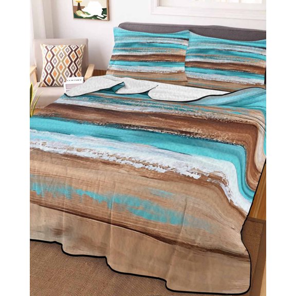 Full Quilt Bedding Set, Abstract Gradient Beach Scene Lightweight Coverlet Summer Comforter Set Soft Microfiber Bedspread, Turquoise Sea Wave Sandbeach 3 Piece Quilt Set with 2 Pillow Shams
