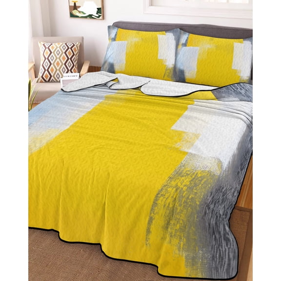 Full Quilt Bedding Set, Abstract Gradient Yellow Gray Mottled Texture Lightweight Coverlet Summer Comforter Set Soft Microfiber Bedspread, Oil Painting 3 Piece Quilt Set with 2 Pillow Shams