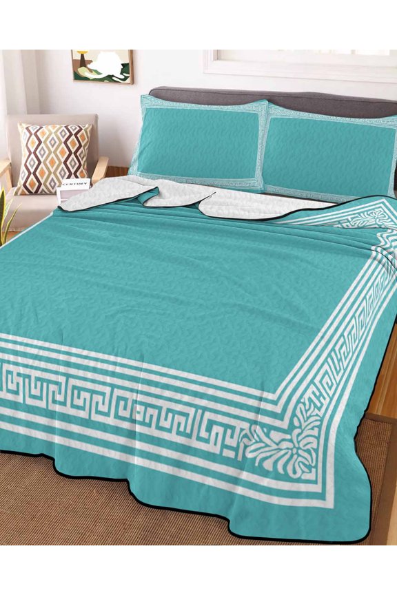 Full Quilt Bedding Set, Abstract Greece Key Pattern Cyan Lightweight Coverlet Summer Comforter Set Soft Microfiber Bedspread, Minimalist Geometric Art 3 Piece Quilt Set with 2 Pillow Shams