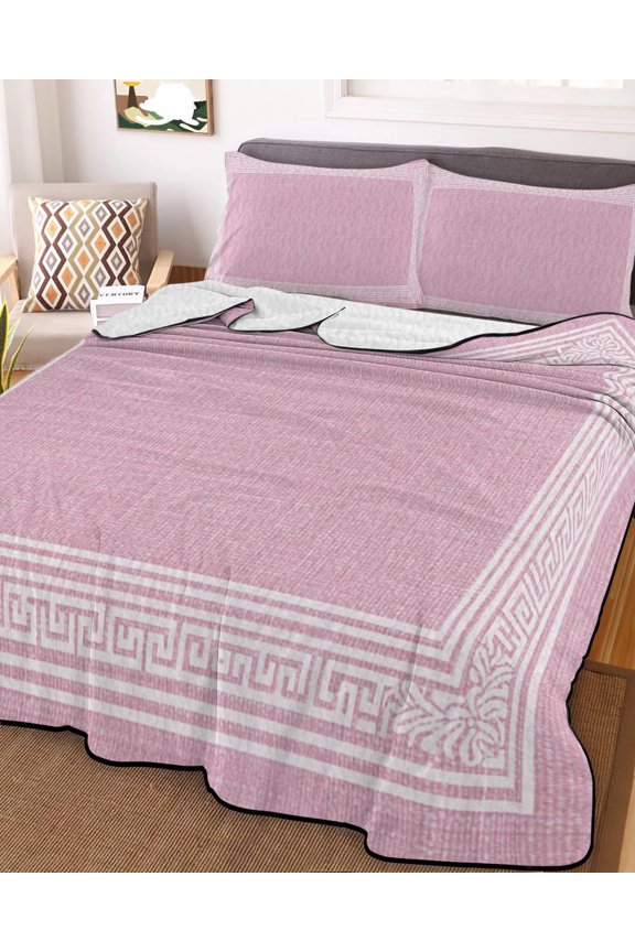 Full Quilt Bedding Set, Abstract Greek Inspired Key Pattern Lightweight Coverlet Summer Comforter Set Soft Microfiber Bedspread, Twist Stripe on Pink 3 Piece Quilt Set with 2 Pillow Shams