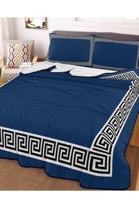 Full Quilt Bedding Set, Abstract Greek Inspired Key Texture Lightweight Coverlet Summer Comforter Set Microfiber Bedspread, Geometric Twist Line on Dark Blue 3 Piece Quilt Set with 2 Pillow Shams
