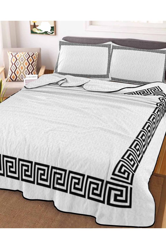 Full Quilt Bedding Set, Abstract Inspired Greek Key Pattern Lightweight Coverlet Summer Comforter Set Soft Microfiber Bedspread, Geometric Twist Line on White 3 Piece Quilt Set with 2 Pillow Shams