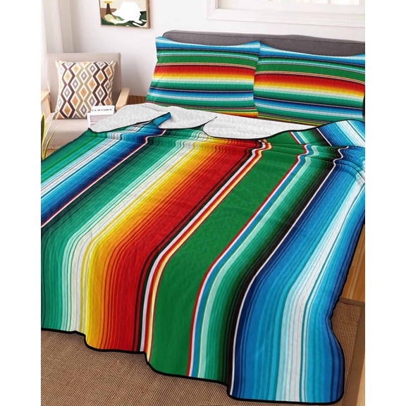 Full Quilt Bedding Set, Abstract Mexican Stripes Lightweight Coverlet Summer Comforter Set Soft Microfiber Bedspread, Red Green Blue Line 3 Piece Quilt Set with 2 Pillow Shams All Seasons Use