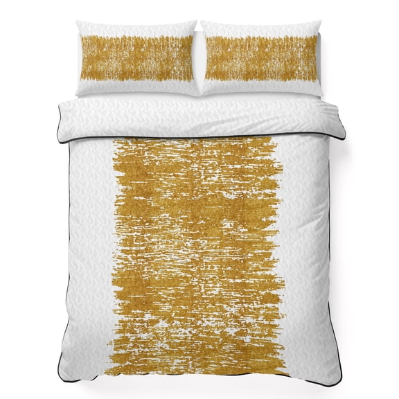 Full Quilt Bedding Set, Abstract Minimalist Color Painting Art Soft Microfiber Summer Bedspread Coverlet with 2 Pillow Shams, Stripe Gold Block on White Breathable Bedding Set for Hot Sleepers