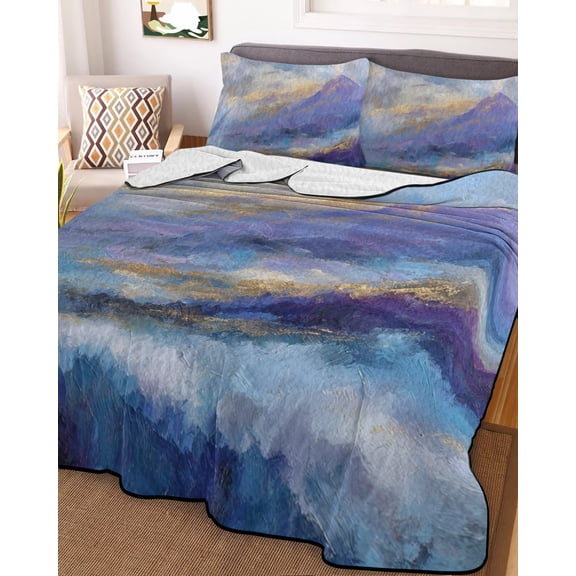 Full Quilt Bedding Set, Abstract Mountain Oil Painting Lightweight Coverlet Summer Comforter Set Soft Microfiber Bedspread, Natural Scene Graffiti Art 3 Piece Quilt Set with 2 Pillow Shams