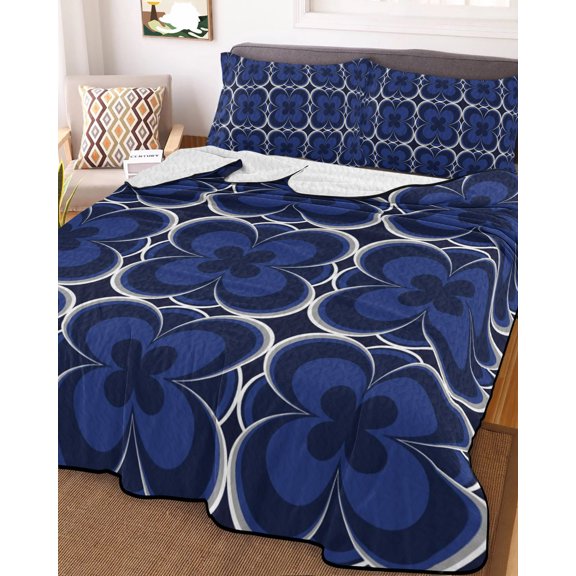 Full Quilt Bedding Set, Abstract Navy Blue Four Leaf Clovers Lightweight Coverlet Summer Comforter Set Soft Microfiber Bedspread, Flower Texture 3 Piece Quilt Set with 2 Pillow Shams All Seasons Use
