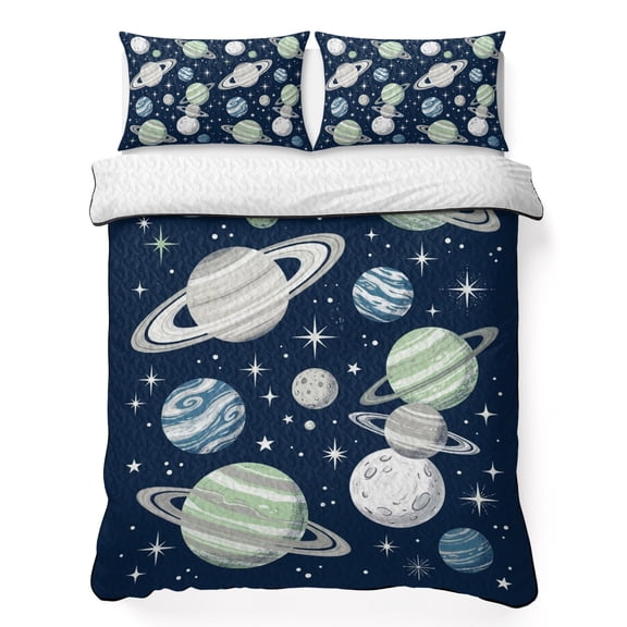 Full Quilt Bedding Set, Abstract Navy White Sage Planets Stars Soft Microfiber Summer Bedspread Coverlet with 2 Pillow Shams for All Season, Saturn Rings Breathable Bedding Set for Hot Sleepers