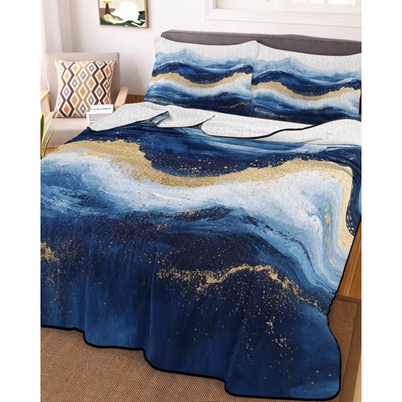 Full Quilt Bedding Set, Abstract Ocean Rough Sea Lightweight Coverlet Summer Comforter Set Soft Microfiber Bedspread, Marine Big Wave Navy Blue Gold 3 Piece Quilt Set with 2 Pillow Shams