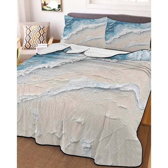 Full Quilt Bedding Set, Abstract Ocean Scene Oil Painting Art Lightweight Coverlet Summer Comforter Set Soft Microfiber Bedspread, Natural Sea Wave Beach 3 Piece Quilt Set with 2 Pillow Shams