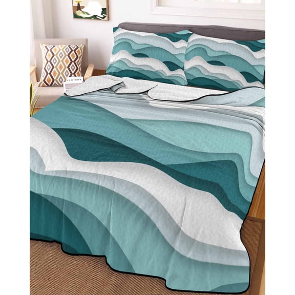 Full Quilt Bedding Set, Abstract Ocean Sea Wave Lightweight Coverlet Summer Comforter Set Soft Microfiber Bedspread, Turquoise White Ombre Art 3 Piece Quilt Set with 2 Pillow Shams All Seasons Use