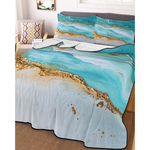 Full Quilt Bedding Set, Abstract Ocean Waves Sand Beach Lightweight Coverlet Summer Comforter Set Soft Microfiber Bedspread, Smmer Seaside 3 Piece Quilt Set with 2 Pillow Shams All Seasons Use