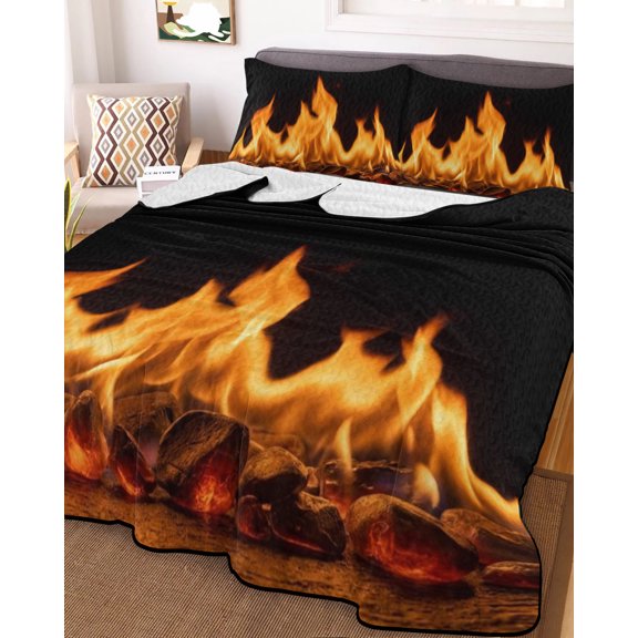 Full Quilt Bedding Set, Abstract Orange Flame on Black Lightweight Coverlet Summer Comforter Set Soft Microfiber Bedspread, Flickering Fire Pattern 3 Piece Quilt Set with 2 Pillow Shams