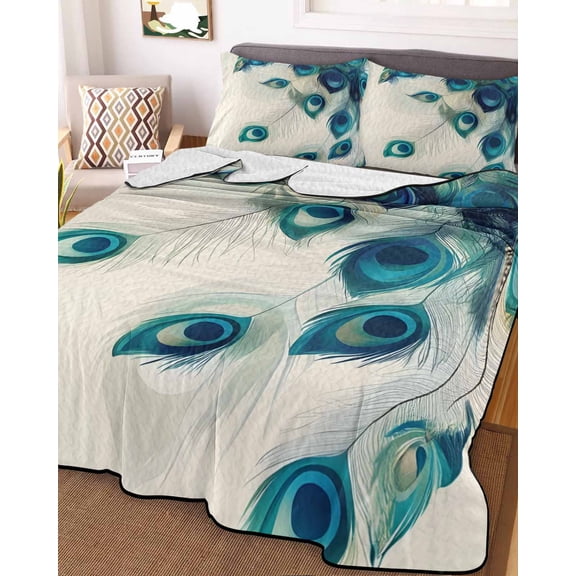 Full Quilt Bedding Set, Abstract Peacock Feather Lightweight Coverlet Summer Comforter Set Soft Microfiber Bedspread, Realistic Animal Texture 3 Piece Quilt Set with 2 Pillow Shams All Seasons Use