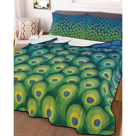 Full Quilt Bedding Set, Abstract Peacock Texture Lightweight Coverlet Summer Comforter Set Soft Microfiber Bedspread, Green Blue Yellow 3 Piece Quilt Set with 2 Pillow Shams All Seasons Use