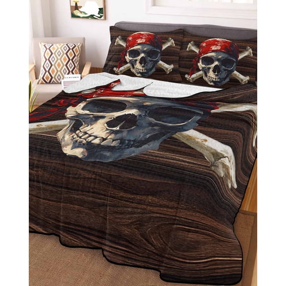 Full Quilt Bedding Set Abstract Punk Pirate Skull Summer Quilt Lightweight Quilted Coverlet with 2 Pillow Shams, Crossbones on Brown Wood Board 3-Piece Bedspread Quilt Set for All Season