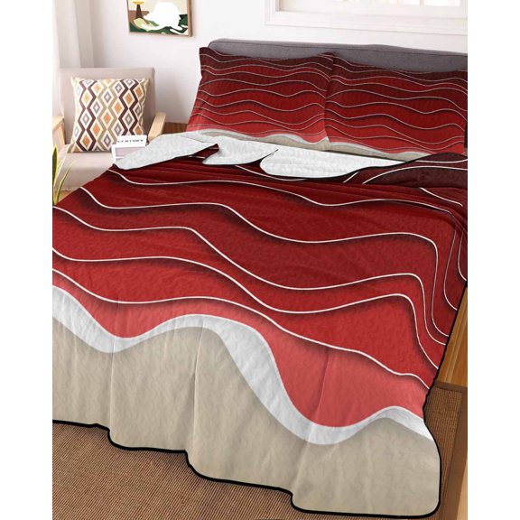 Full Quilt Bedding Set, Abstract Red Gradient Ocean Waves Lightweight Coverlet Summer Comforter Set Soft Microfiber Bedspread, Nautical Beach Sea Surface 3 Piece Quilt Set with 2 Pillow Shams
