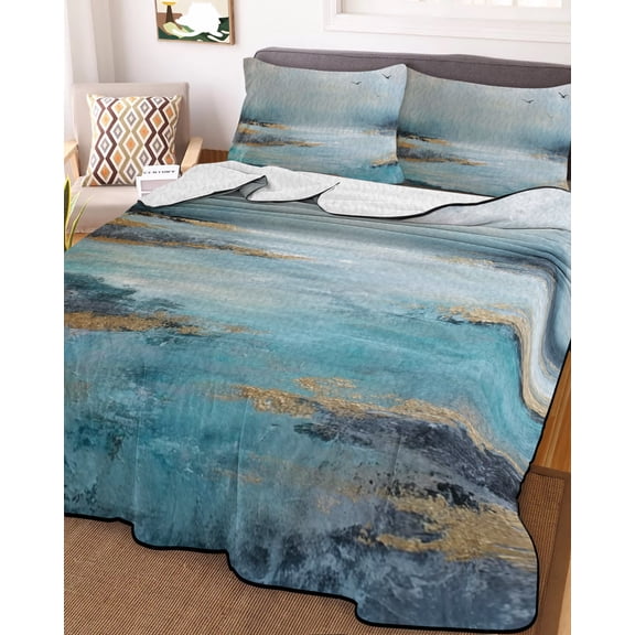 Full Quilt Bedding Set, Abstract Retro Beach Seagull Lightweight Coverlet Summer Comforter Set Soft Microfiber Bedspread, Ocean Oil Painting Art 3 Piece Quilt Set with 2 Pillow Shams All Seasons Use