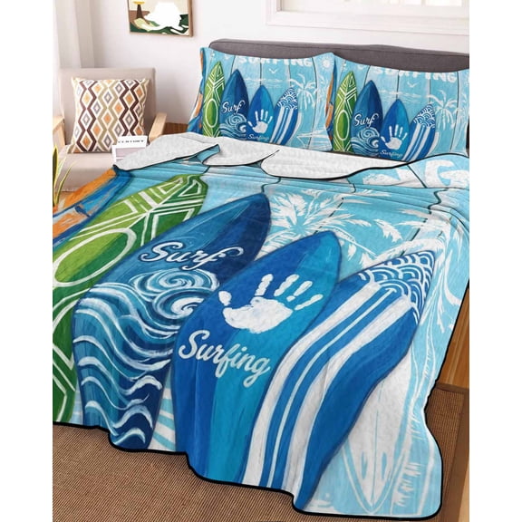 Full Quilt Bedding Set, Abstract Surfboard Summer Surfing Palm Tree Lightweight Coverlet Summer Comforter Set Soft Microfiber Bedspread, Blue Wood Grain 3 Piece Quilt Set with 2 Pillow Shams