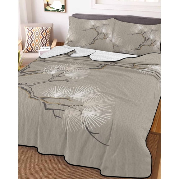 Full Quilt Bedding Set, Abstract Tree Ink Lines Lightweight Coverlet Summer Comforter Set Soft Microfiber Bedspread, Oriental Zen Style 3 Piece Quilt Set with 2 Pillow Shams All Seasons Use