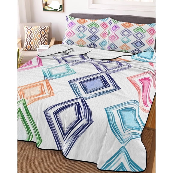 Full Quilt Bedding Set Abstract Watercolor Blocks Summer Quilt Lightweight Quilted Coverlet with 2 Pillow Shams, Retro Geometric Patchwork 3-Piece Bedspread Quilt Set for All Season