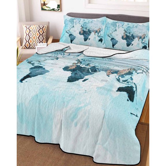 Full Quilt Bedding Set, Abstract World Map Lightweight Coverlet Summer Comforter Set Soft Microfiber Bedspread, Teal Blue Gradient 3 Piece Quilt Set with 2 Pillow Shams All Seasons Use