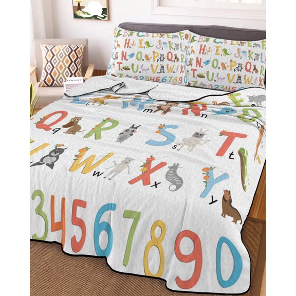 Full Quilt Bedding Set, Alphabet Number Cartoon Animal Lightweight Coverlet Summer Comforter Set Soft Microfiber Bedspread, English Letter 3 Piece Quilt Set with 2 Pillow Shams All Seasons Use