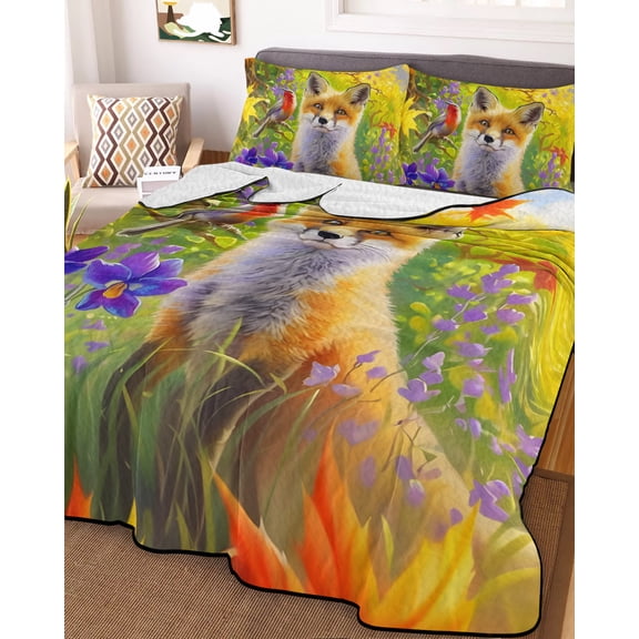 Full Quilt Bedding Set, Autumn Fox Bird Flower Lightweight Coverlet Summer Comforter Set Soft Microfiber Bedspread, Rustic Pastoral Natural Theme 3 Piece Quilt Set with 2 Pillow Shams All Seasons Use