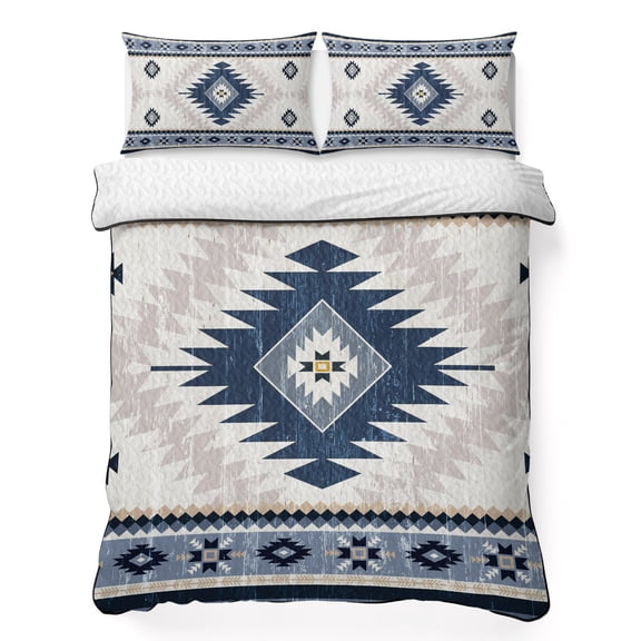 Full Quilt Bedding Set, Aztec Blue Geometric Abstract Soft Microfiber Summer Bedspread Coverlet with 2 Pillow Shams, Retro Ethnic Southwest Style Breathable Bedding Set for Hot Sleepers